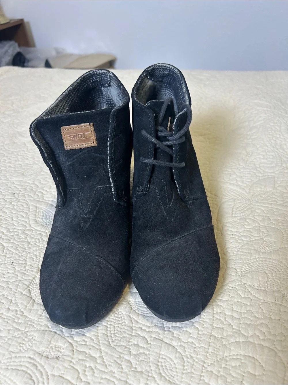 Toms Black Suede Lace-Up Ankle Booties with Tan Logo Patch